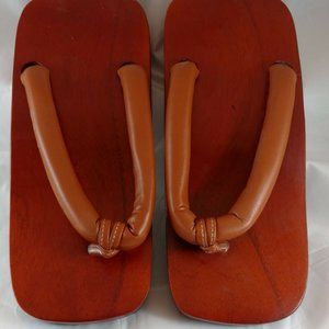 Japanese Red Brown Wood Thong Flip Flop Sz 8